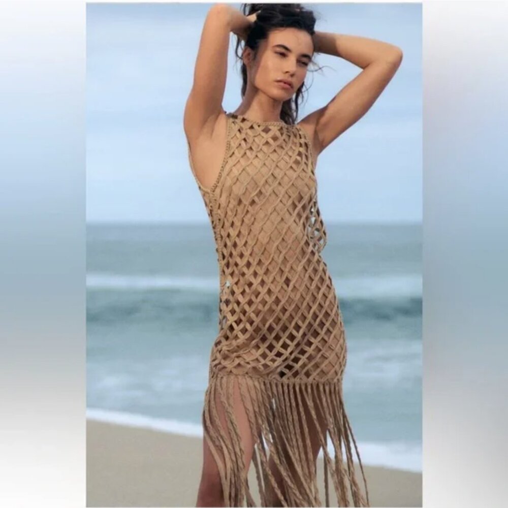 NWT ZARA midi brown mesh beach cover dress fringe festive